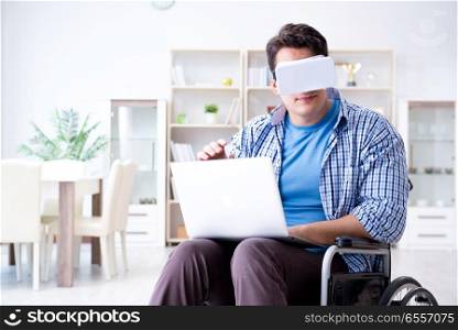 Freelance student studying with laptop and virtual reality glass. Freelance student studying with laptop and virtual reality glasses. Freelance student studying with laptop and virtual reality glass