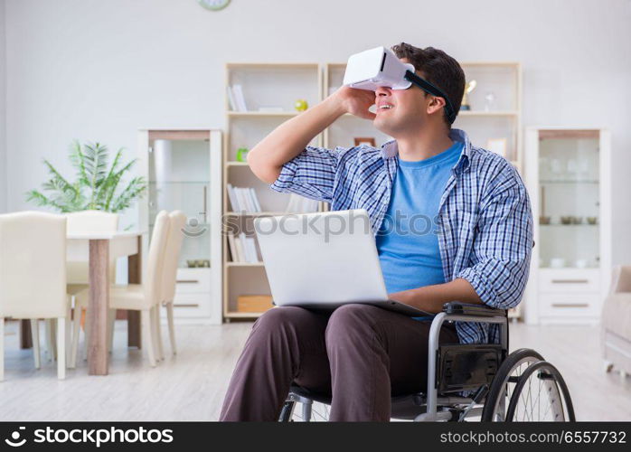 Freelance student studying with laptop and virtual reality glass. Freelance student studying with laptop and virtual reality glasses. Freelance student studying with laptop and virtual reality glass