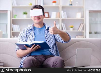 Freelance student with virtual reality glasses at home
