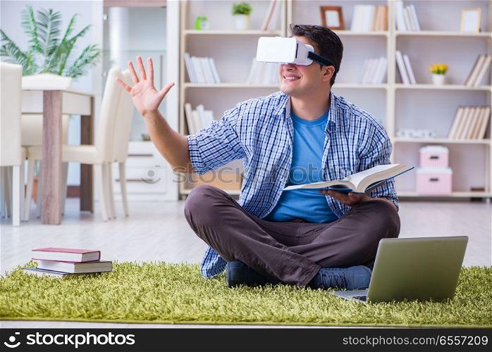 Freelance student with virtual reality glasses at home