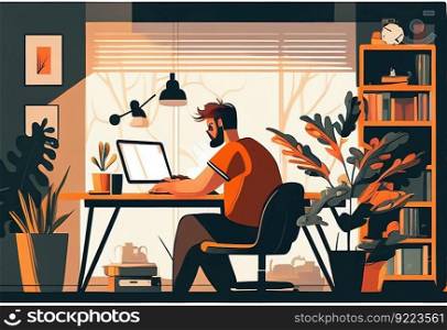 Freelancer man worksbehind a laptop. Home office illustration. AI generative.