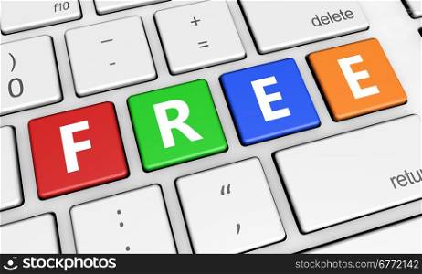 Freeware marketing and promotional concept with free sign and letter on a colorful laptop computer keyboard 3d illustration for blog and online business.