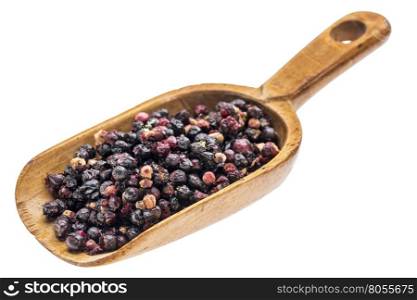 freeze dried elderberries on a rustic wooden scoop, isolated on white