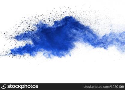 Freeze motion of blue color powder exploding on white background. Paint Holi.