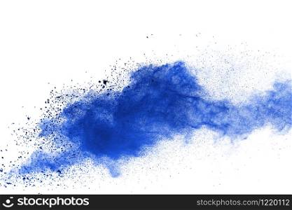 Freeze motion of blue color powder exploding on white background. Paint Holi.