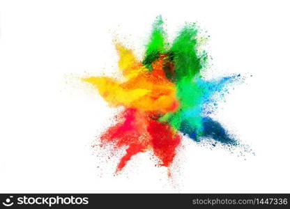 Freeze motion of colorful color powder exploding on white background. Paint Holi.