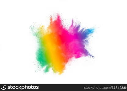 Freeze motion of colorful color powder exploding on white background. Paint Holi.Indian festival Holi