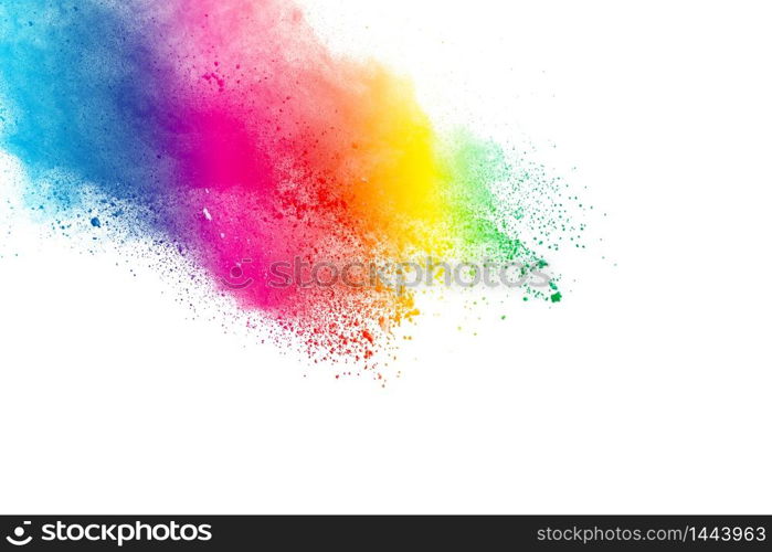 Freeze motion of colorful color powder exploding on white background. Paint Holi.Indian festival Holi