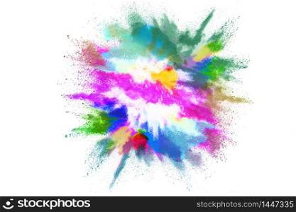 Freeze motion of colorful color powder exploding on white background. Paint Holi.Indian festival Holi