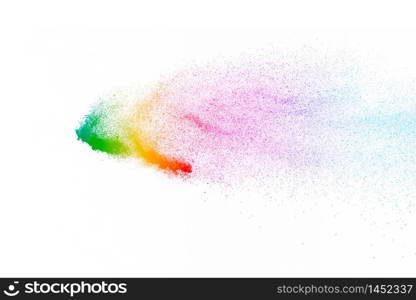 Freeze motion of colorful color powder exploding on white background. Paint Holi.Indian festival Holi