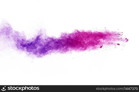 Freeze motion of purple color powder exploding on white background.