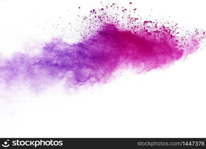 Freeze motion of purple color powder exploding on white background.