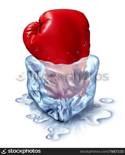 Freezing out the competition business concept as a red boxing glove in an ice cube as a metaphor for chilling out with a fresh competitor icon or frozen financial assets.