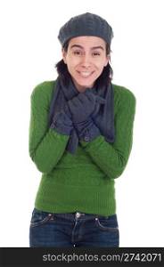 freezing winter woman portrait with scarf, gloves and hat (isolated on white background)