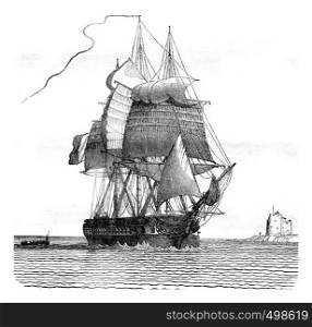 Fregate broken, viewed from starboard davit, vintage engraved illustration. Magasin Pittoresque 1841.