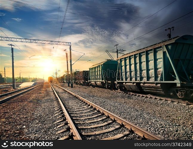 Freight train wagons at the station in the evening