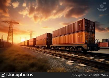 Freight Transportation Delivering Cargo Containers via Land Vehicle and Railroad Track. Generative ai. High quality illustration. Freight Transportation Delivering Cargo Containers via Land Vehicle and Railroad Track. Generative ai
