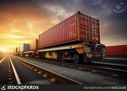 Freight Transportation Delivering Cargo Containers via Land Vehicle and Railroad Track. Generative ai. High quality illustration. Freight Transportation Delivering Cargo Containers via Land Vehicle and Railroad Track. Generative ai