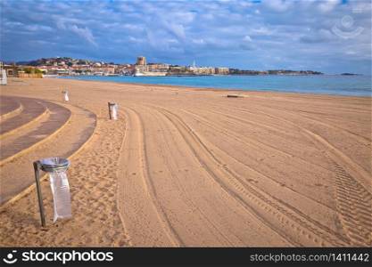Frejus sand beach and waterfront view, famous tourist destination of French riviera, Alpes Maritimes region of France