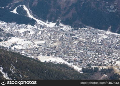 French alps mountain peaks covered with fresh snow. Winter landscape nature scene on beautiful sunny winter day.