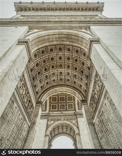 French architecture image with the interior of the Arc de Triomphe, historical monument located in the center of the Paris, France