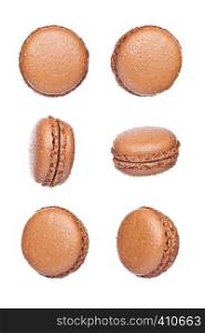 French brown macarons dessert cakes top view isolated on white background