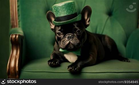 French Bulldog Puppy Sits On A Chair Wearing green Hat on Patrick&rsquo;s day