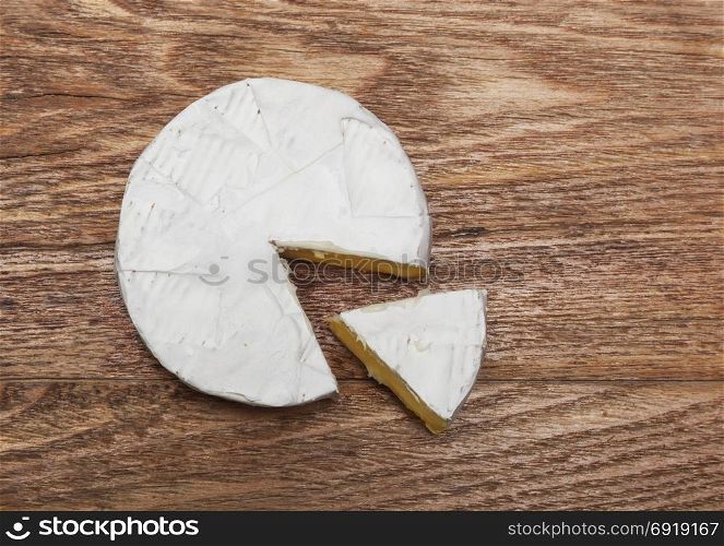 French Camembert cheese on rustic wooden table background