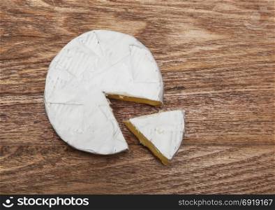 French Camembert cheese on rustic wooden table background