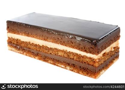 french chocolate cake opera in front of white background