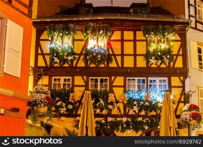 French city Colmar on Christmas Eve.. Traditional old half-timbered houses in the historic city of Colmar.