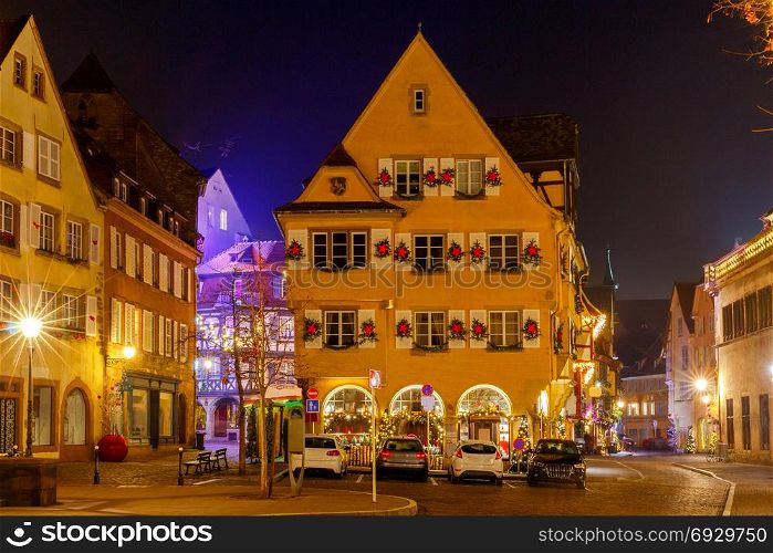 French city Colmar on Christmas Eve.. Traditional old half-timbered houses in the historic city of Colmar.