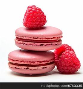 French colorful macarons with raspberries on white background.