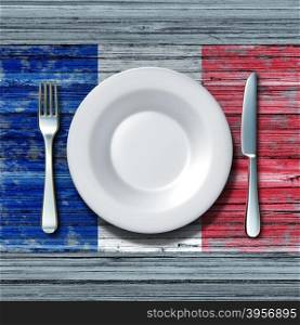 French cuisine food concept as a place setting with knife and fork on an old rustic wood table with a symbol of the flag of France as an icon of traditional mediterranean family eating in Paris with 3D illustration elements.