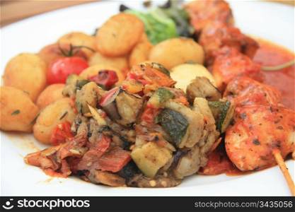 French cuisine, fried potatoes, vegetables and meat