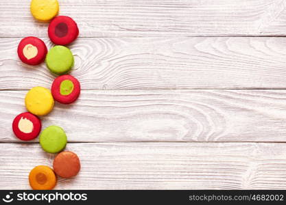 French delicious dessert macaroons on table