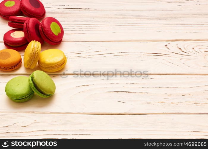 French delicious dessert macaroons on table