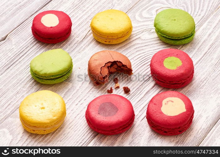 French delicious dessert macaroons on table