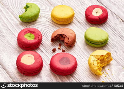 French delicious dessert macaroons on table