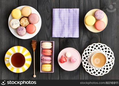 French delicious dessert macaroons on table