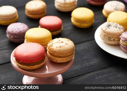 French delicious dessert macaroons on table