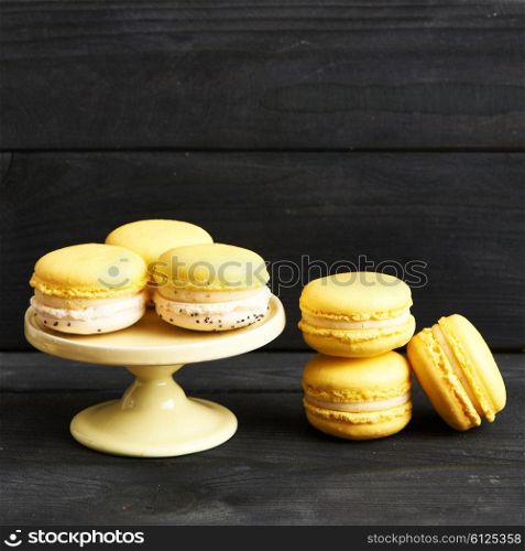 French delicious dessert macaroons on table