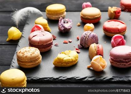 French delicious dessert macaroons on table