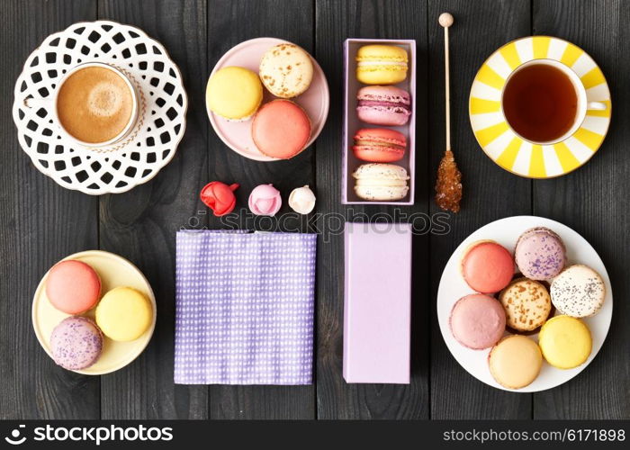 French delicious dessert macaroons on table