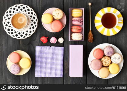 French delicious dessert macaroons on table