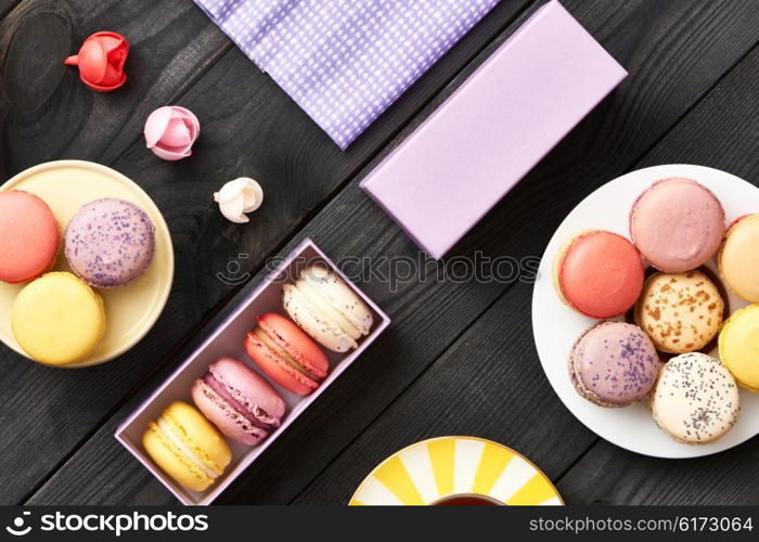 French delicious dessert macaroons on table