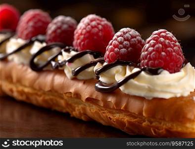 French eclairs with raspberry and chocolate topping on black.AI Generative