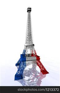 French flag colors on Eiffel tower in white background - 3D render