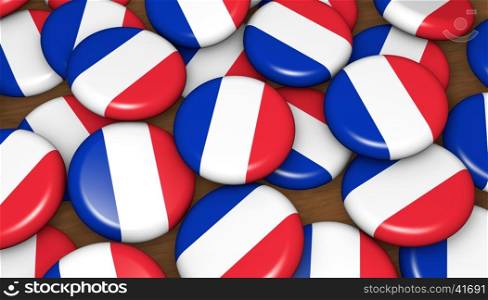 French flag on badges background for France national day events, holiday and celebration 3D illustration.