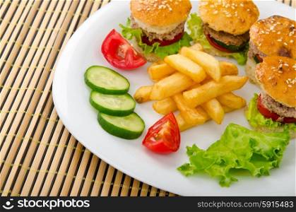 French fries and burgers in the plate